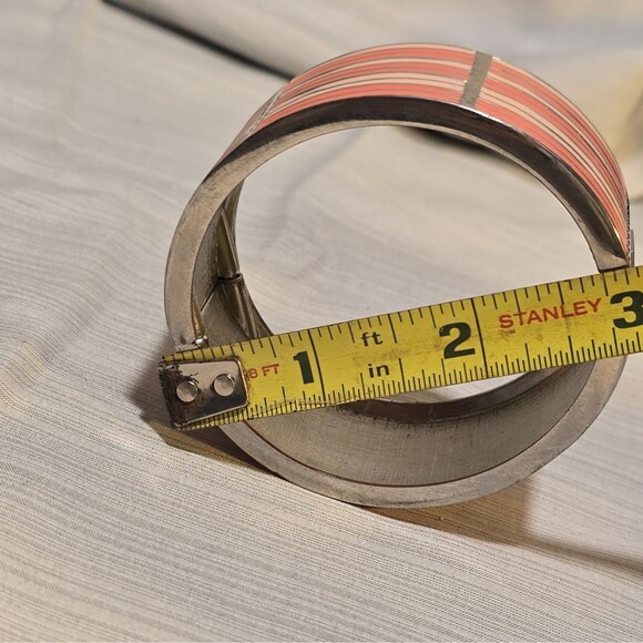 VTG Enamel Cuff Hinge Bracelet Orange shades Silver Tone Striped Wide Bangle - Picture 4 of 8